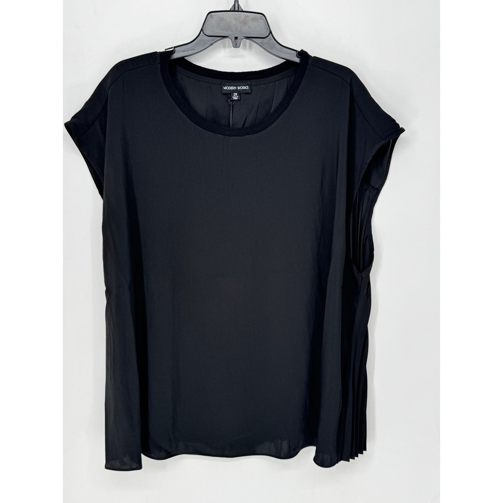 Modern Works Pleated Side Top Womens 2X Black New Crew Neck‎ Cap Sleeve Blouse